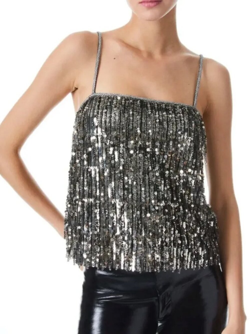 NWT Alice + Olivia Chi Sequin Fringe Tank Top Gunmetal XS MSRP $595